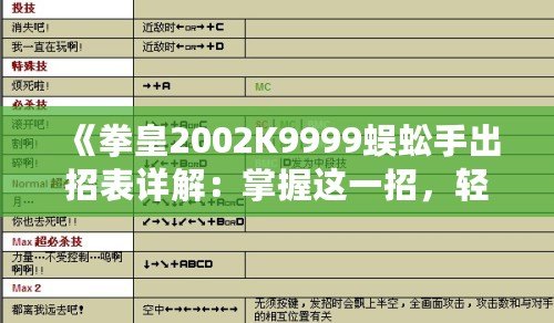 《拳皇2002K9999蜈蚣手出招表詳解：掌握這一招，輕松制敵》